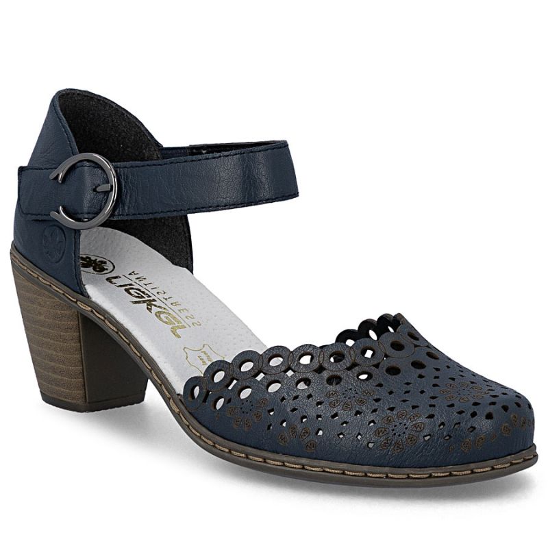 Women's leather sandals with a comfortable heel, openwork, navy blue, Rieker 40902-14 Rieker