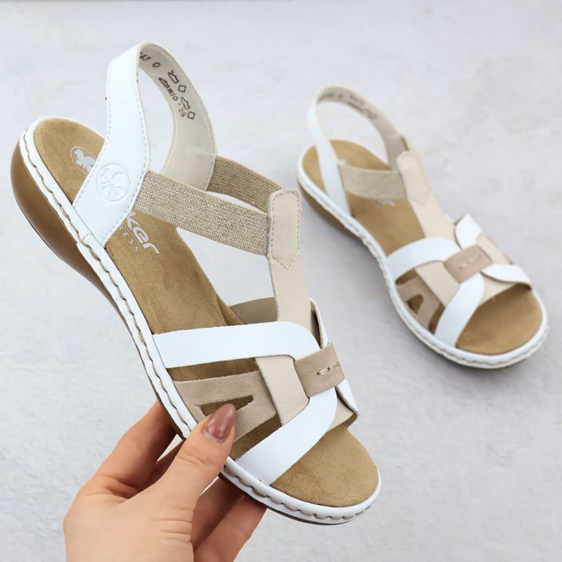 Comfortable women's slip-on sandals with elastic straps, white Rieker 65918-81 Footwear Your Sports Performance