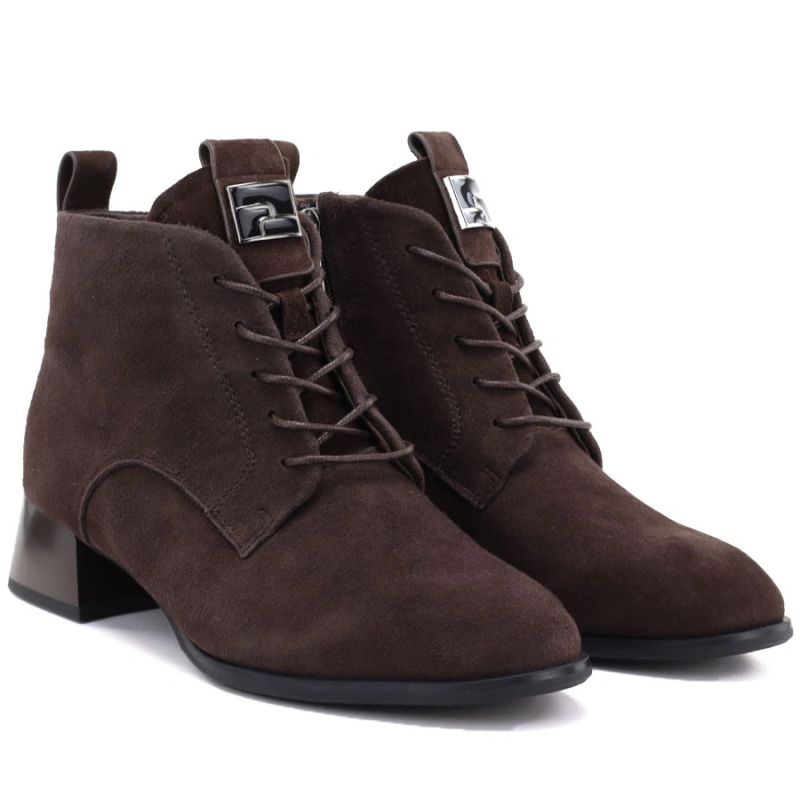 Women's leather ankle boots with high heels, suede, dark brown, Vinceza FIO27-67036