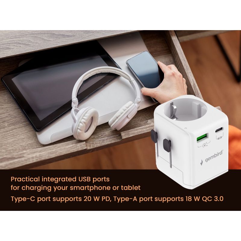 GEMBIRD UNIVERSAL GROUNDED TRAVEL ADAPTER 20W, WHITE Kable i adaptery/Adaptery, przejściówki Your Sports Performance