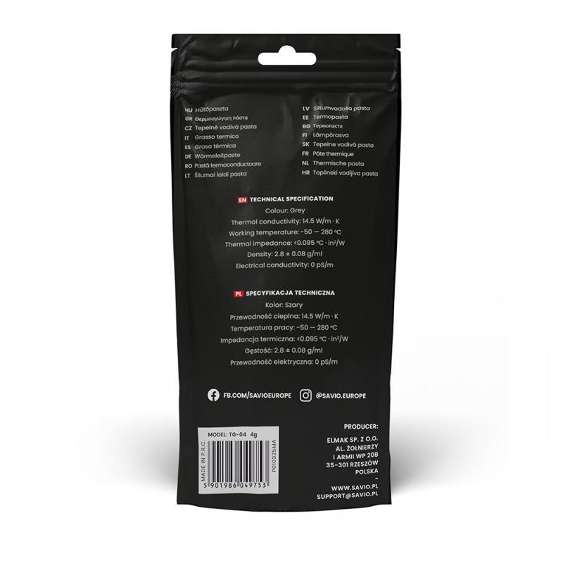 SAVIO THERMAL CONDUCTIVE PASTE 14.5W/MK, 4G TG-04 Chłodzenie/Pasty termoprzewodzące Your Sports Performance