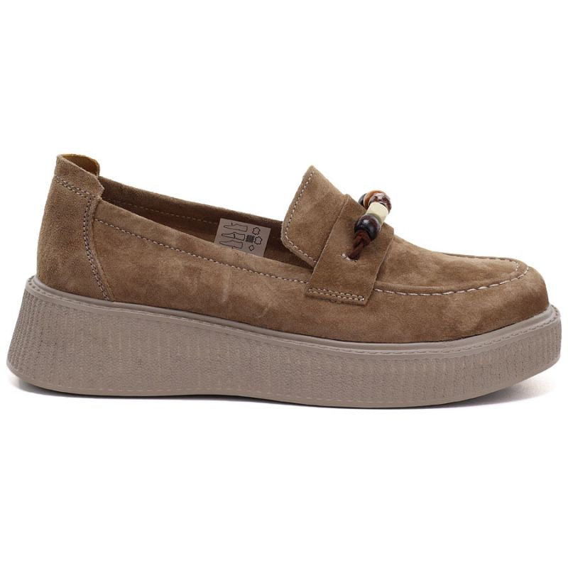 Women's leather platform moccasins with beads, camel, Vinceza 79649