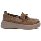 Women's leather platform moccasins with beads, camel, Vinceza 79649
