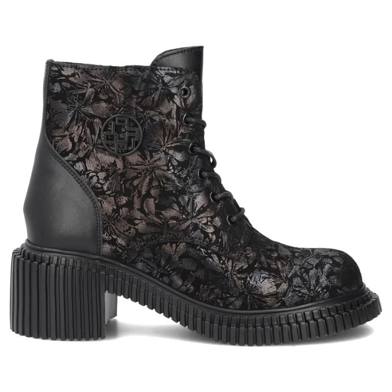 Women's leather ankle boots with a floral pattern, black Filippo DBT8072/26