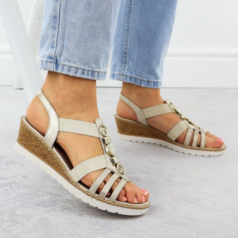 Women's wedge sandals with elastic bands, gold, Remonte R6264-91 Footwear Your Sports Performance