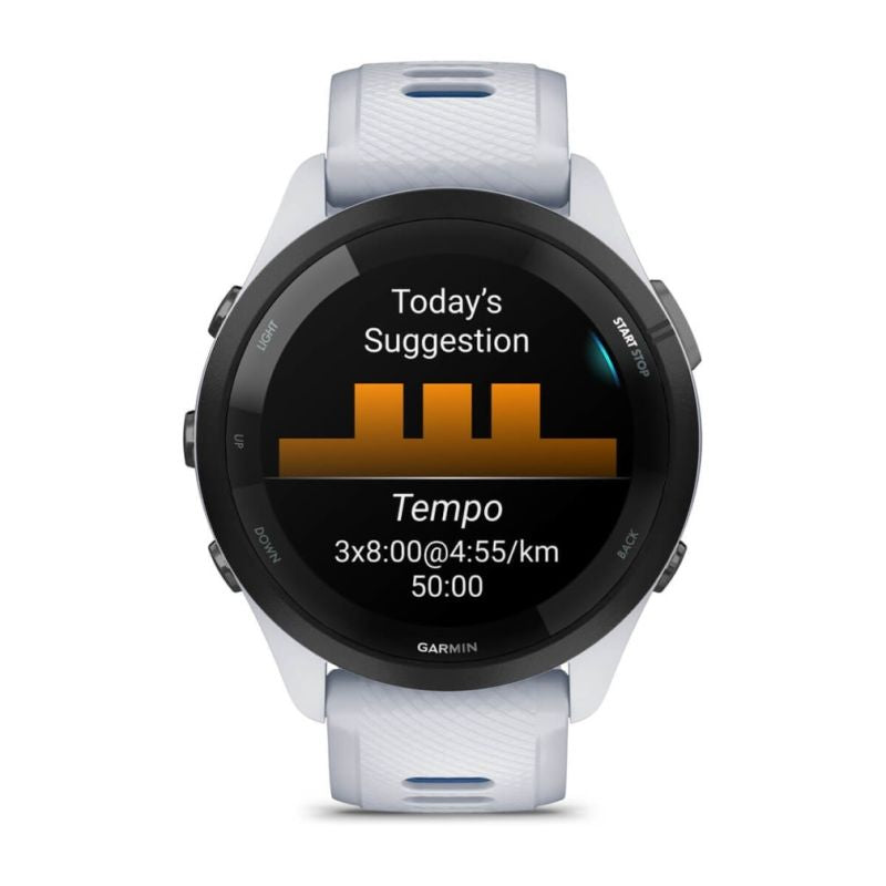 Garmin Forerunner 265 46mm Black Bezel with Whitestone Case White and Blue Akcesoria sportowe i turystyczne/Zegarki sportowe Your Sports Performance