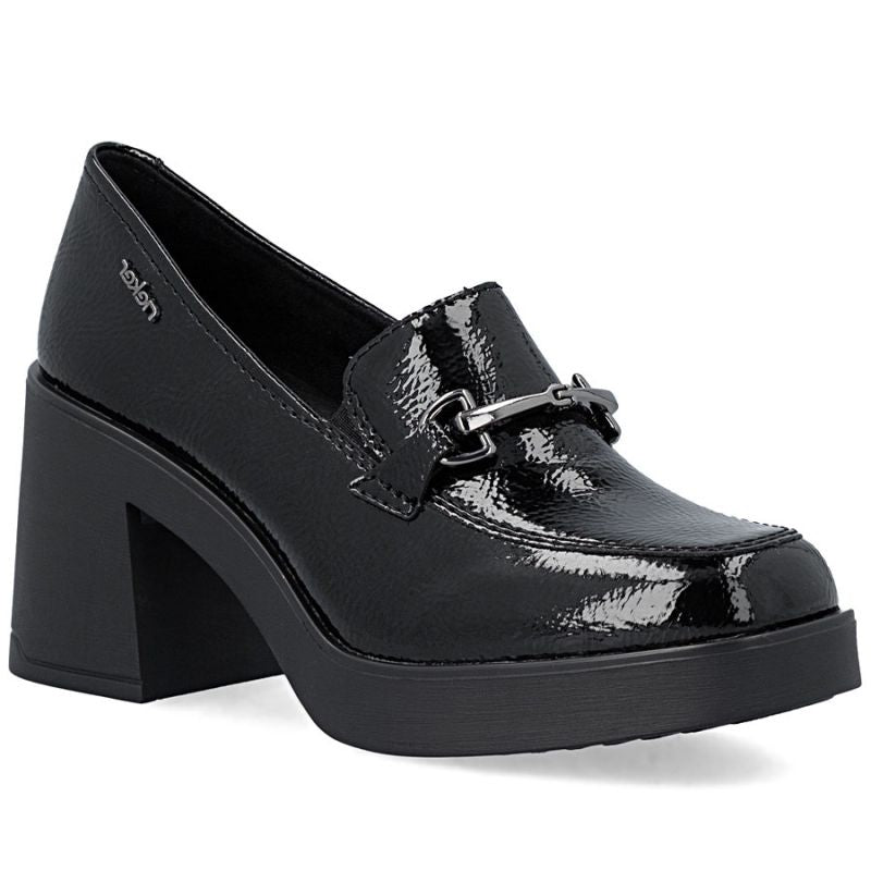 Women's patent leather high-heeled loafers, black, Rieker 58051-00 Rieker
