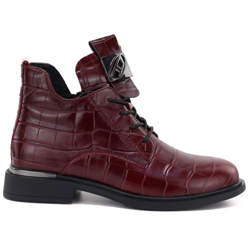 Red Crocodile-Effect Leather Ankle Boots for Women Vinceza 86453
