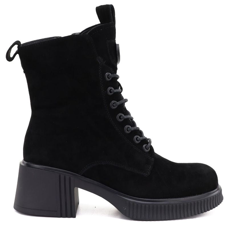 Women's leather ankle boots with a block heel and platform, black Vinceza 67009
