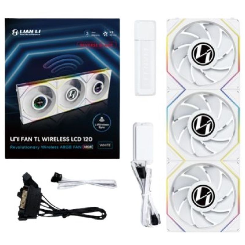 Lian Li UNI FAN TL Wireless LCD Lüfter fan, ARGB, PWM, 3er-Pack incl. Controller - Reverse Blade, 120 mm, weiß Chłodzenie/Chłodzenie - wentylatory Your Sports Performance
