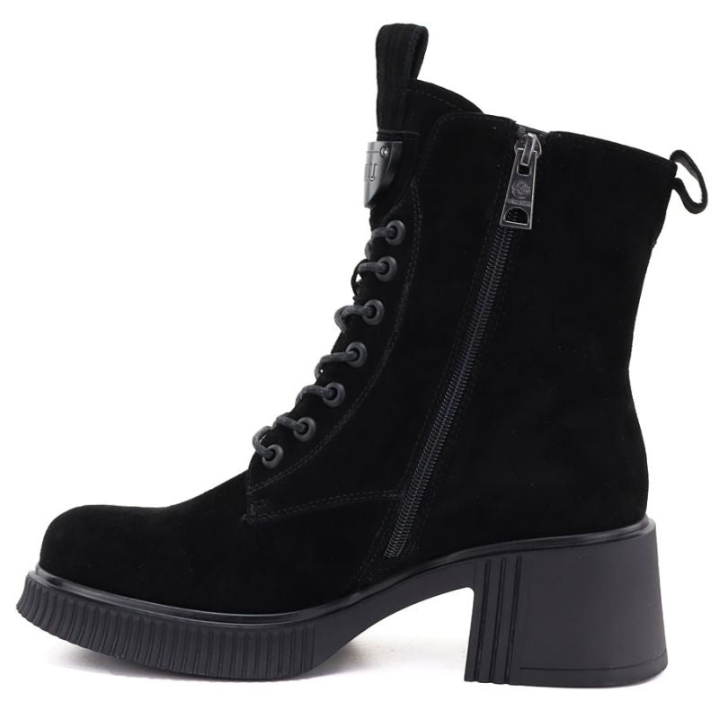 Women's leather ankle boots with a block heel and platform, black Vinceza 67009