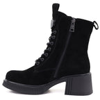 Women's leather ankle boots with a block heel and platform, black Vinceza 67009