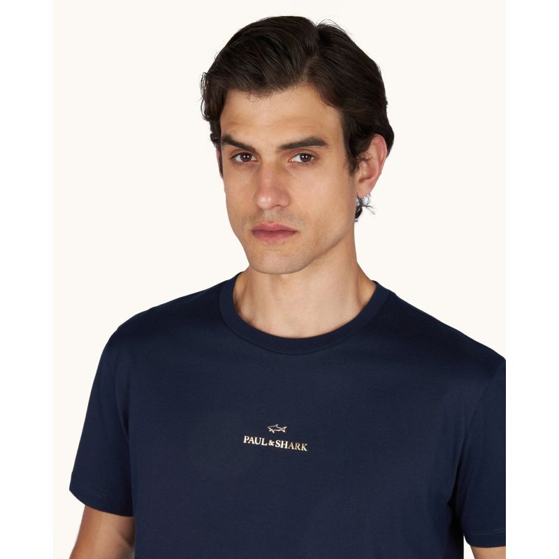 Paul&Shark Men's Cotton T-shirt Navy Blue and Gold 99311008-50E - Classic Cut, Logo