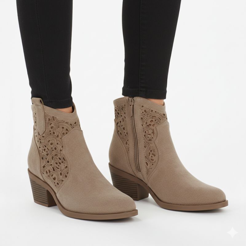 Women's suede ankle boots with openwork heel, beige, S.Barski HY61-8012 To be categorized Your Sports Performance