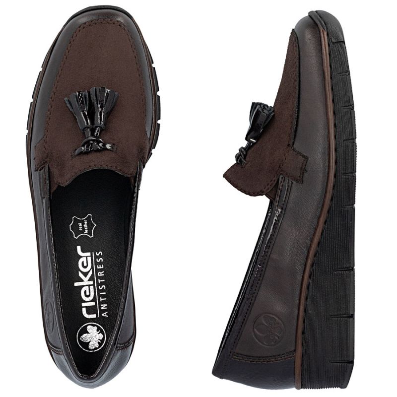 Rieker 53771-25 women's leather wedge shoes, comfortable brown