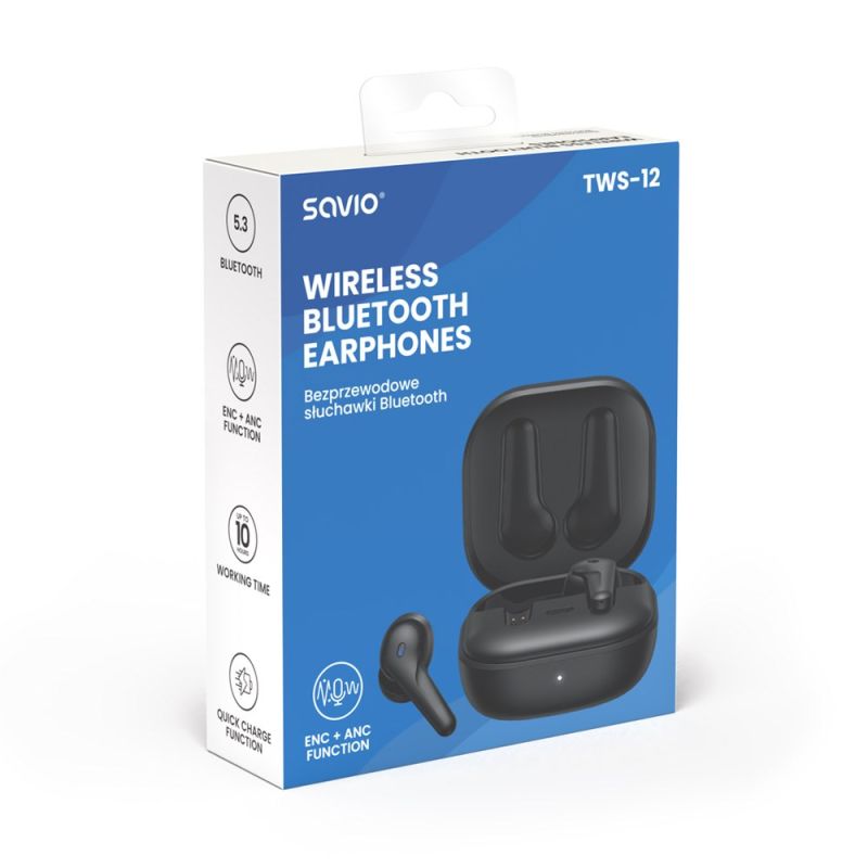 SAVIO WIRELESS BLUETOOTH 5.3 HEADPHONES WITH MICROPHONE, ANC, ENC, QC TWS-12 In preparation Your Sports Performance
