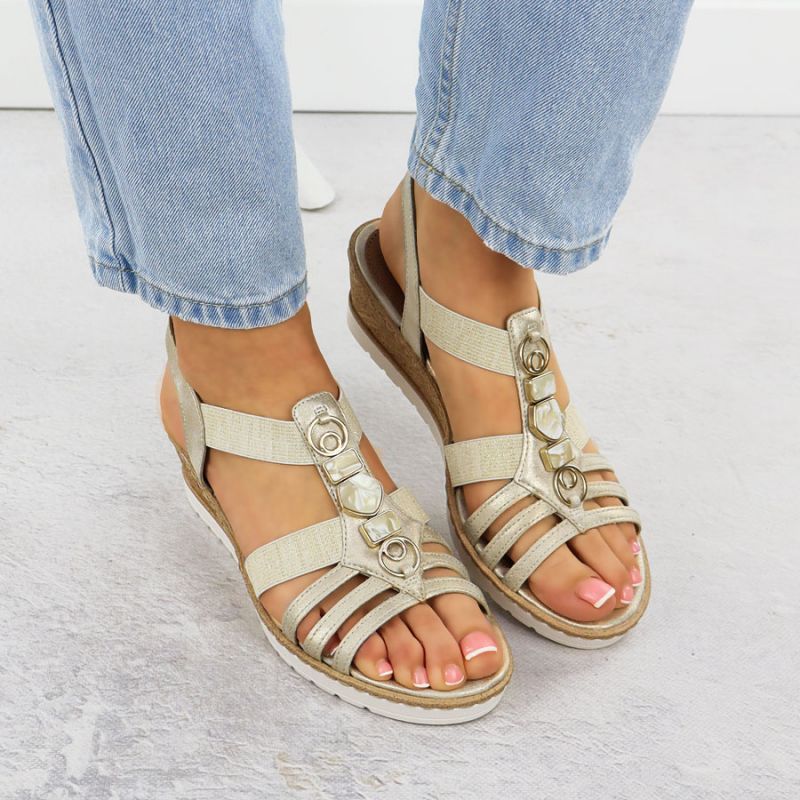 Women's wedge sandals with elastic bands, gold, Remonte R6264-91 Footwear Your Sports Performance