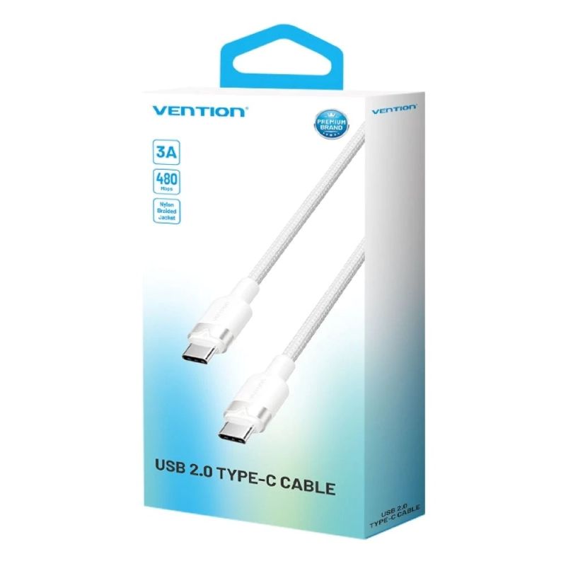 USB-C to USB-C Vention Braided Cable 3A 480Mbps 60W PD 1m White In preparation Your Sports Performance