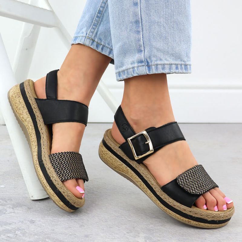 Women's leather wedge sandals with Velcro straps, black Rieker V0951 Footwear Your Sports Performance