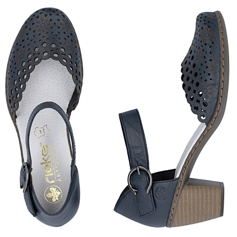 Women's leather sandals with a comfortable heel, openwork, navy blue, Rieker 40902-14 Rieker