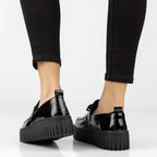 Women's leather platform moccasins, patent leather, black, Filippo DP8269