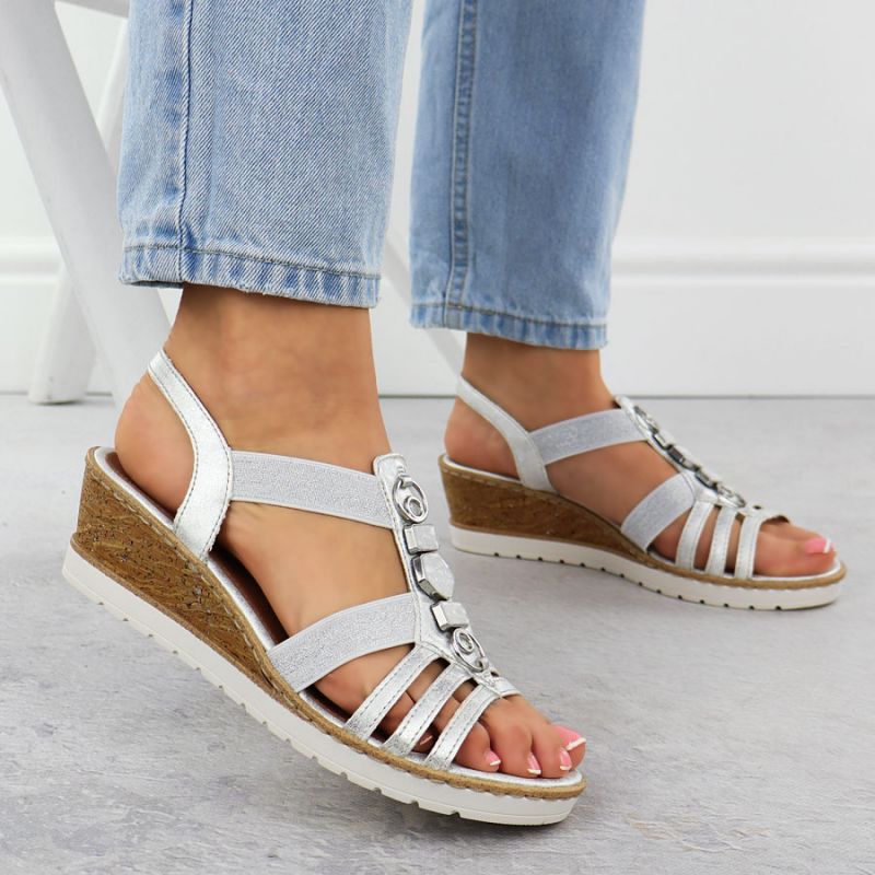 Women's wedge sandals with elastic bands silver Remonte R6264-92 Footwear Your Sports Performance