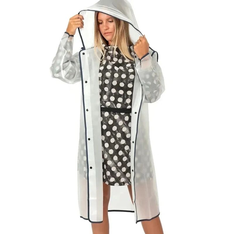 Perletti Women’s Trench Raincoat, White, with Hood, Size S