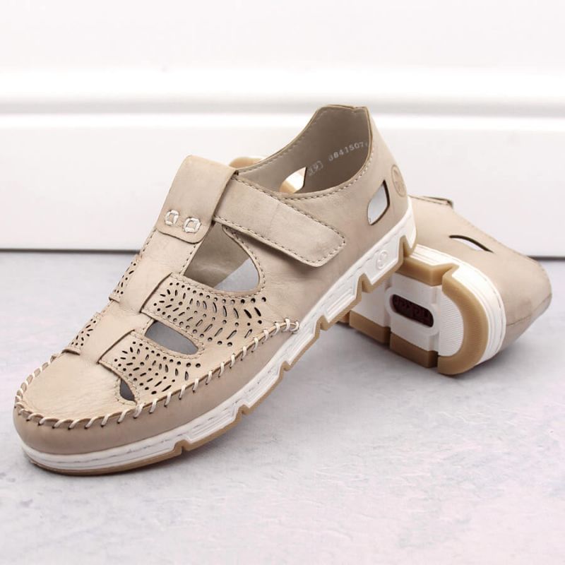 Rieker W RKR651 beige leather openwork shoes with velcro