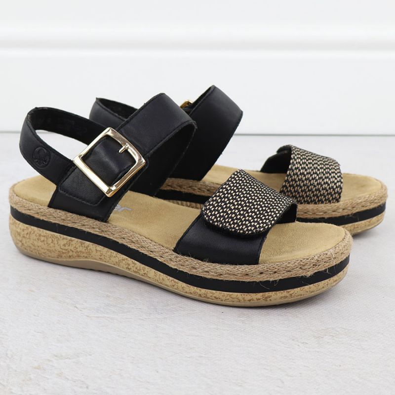 Women's leather wedge sandals with Velcro straps, black Rieker V0951 Footwear Your Sports Performance