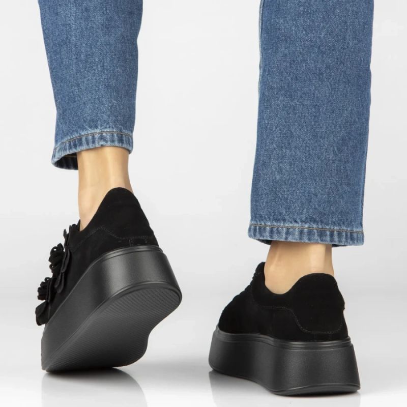 Women's leather sneakers on a platform with flowers, suede, black Filippo DP8113