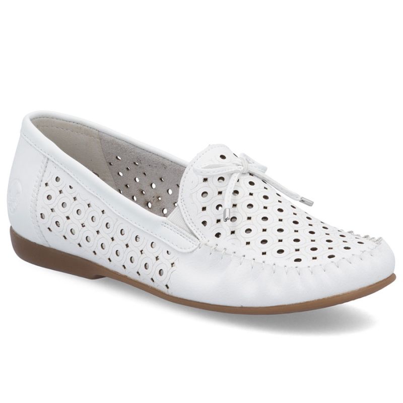 Women's leather moccasins, openwork, lightweight, comfortable, white, Rieker L6352-80 Rieker