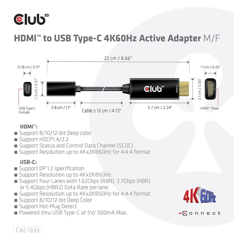 CLUB 3D CAC-1333 Cable Adapter 0.22m HDMI Type-A (Standard) USB Type-C Black Kable i adaptery/Adaptery, przejściówki Your Sports Performance