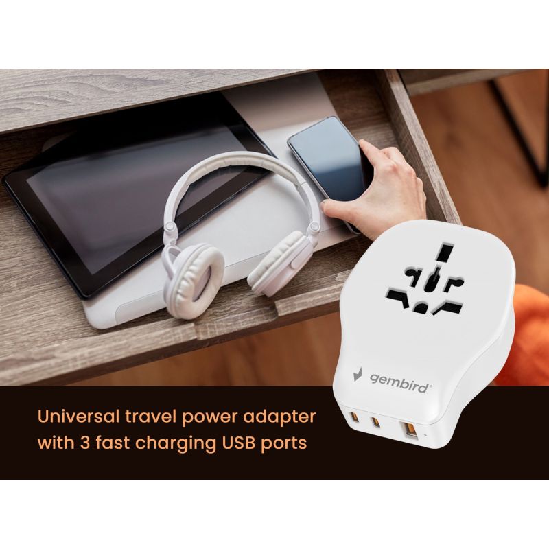 GEMBIRD UNIVERSAL TRAVEL ADAPTER 20W, WHITE Kable i adaptery/Adaptery, przejściówki Your Sports Performance