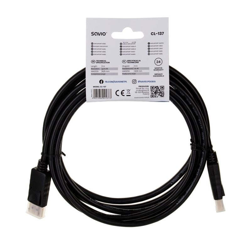 SAVIO CL-137 cable (DisplayPort M - DisplayPort M; 3m; black) Kable i adaptery/Kable DisplayPort Your Sports Performance