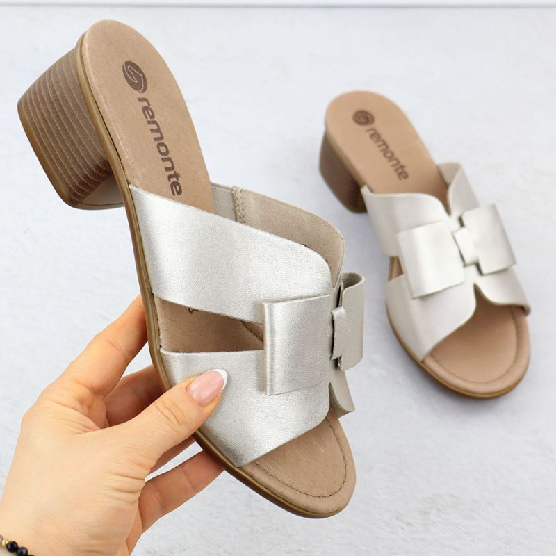 Women's leather slides on a block, gold Remonte R8759-90 Footwear Your Sports Performance