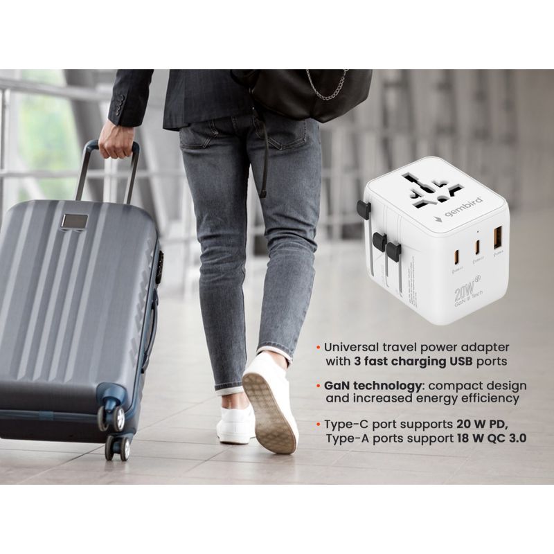 GEMBIRD UNIVERSAL TRAVEL ADAPTER 20W, WHITE Kable i adaptery/Adaptery, przejściówki Your Sports Performance
