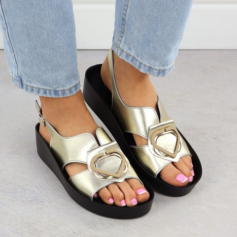 Women's gold leather wedge sandals S.Barski KV51-031 Footwear Your Sports Performance