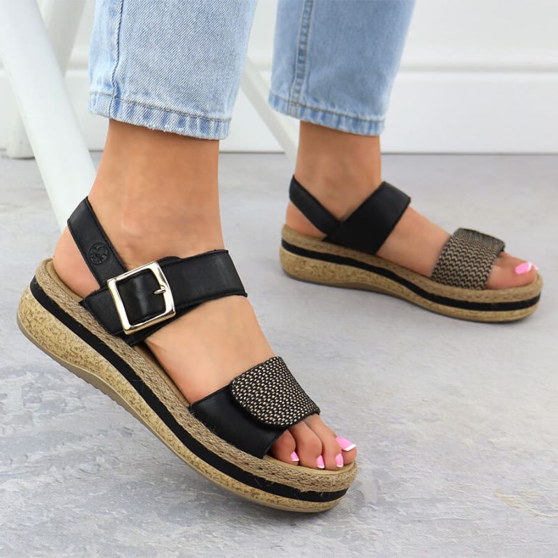 Women's leather wedge sandals with Velcro straps, black Rieker V0951 Footwear Your Sports Performance