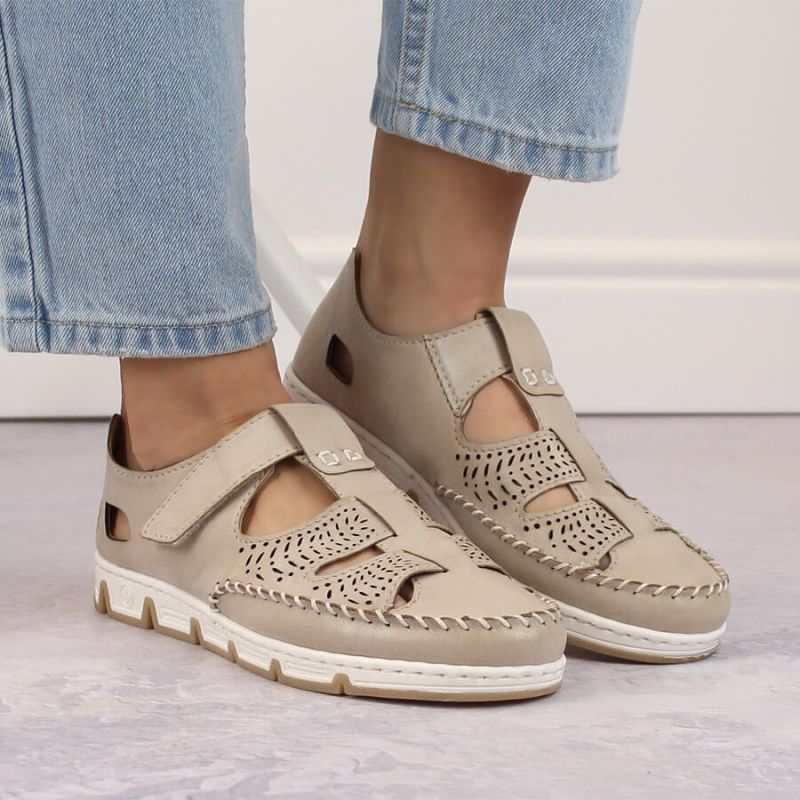 Rieker W RKR651 beige leather openwork shoes with velcro Footwear/Lifestyle/Rieker Your Sports Performance