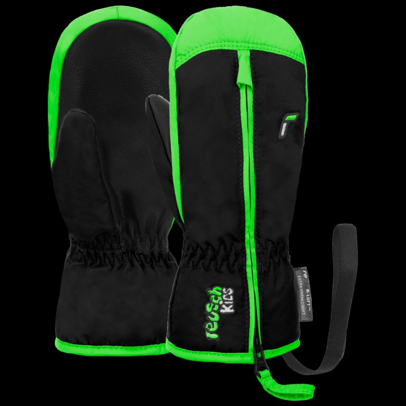 REUSCH Ben Mitten children's winter gloves made of artificial leather, insulated, waterproof, black and green (62/85/408/7716) Clothing/Outdoor/Czapki, szaliki, rękawiczki, maski/Reusch Your Sports Performance