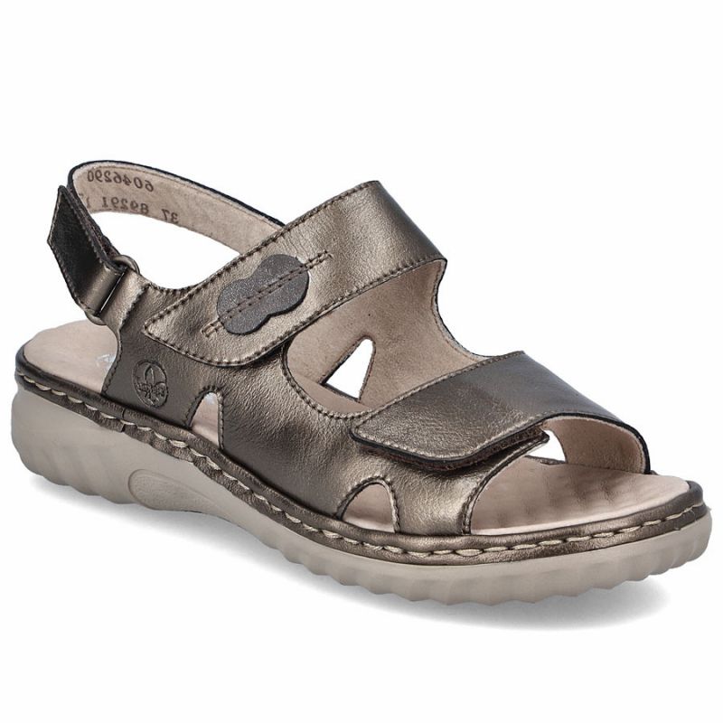 Women's leather sandals with Velcro, metallic brown, Rieker 60462-90 Footwear Your Sports Performance