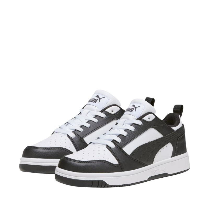 Puma Rebound V6 Lo Mid kids' shoes white and black 393833 01 Puma
