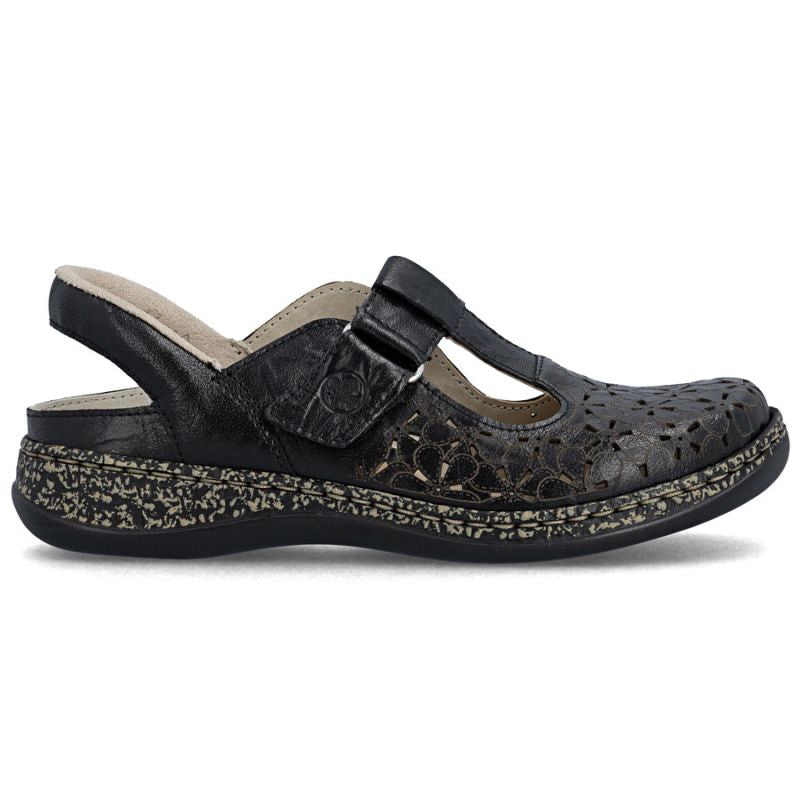 Women's leather openwork sandals, comfortable, wide, black, Rieker 46397-00 Rieker