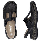 Women's leather openwork sandals, comfortable, wide, black, Rieker 46397-00 Rieker