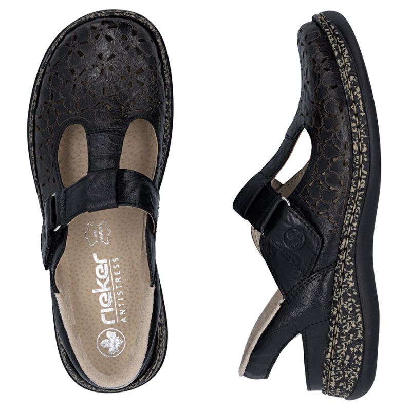 Women's leather openwork sandals, comfortable, wide, black, Rieker 46397-00 Rieker