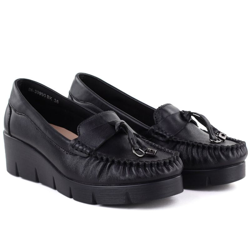 Black leather wedge moccasin shoes Vinceza 39990 Vinceza