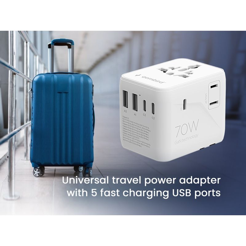 GEMBIRD UNIVERSAL TRAVEL ADAPTER 70W, WHITE Kable i adaptery/Adaptery, przejściówki Your Sports Performance