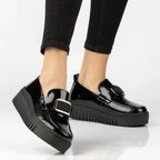 Women's leather platform moccasins, patent leather, black, Filippo DP8269