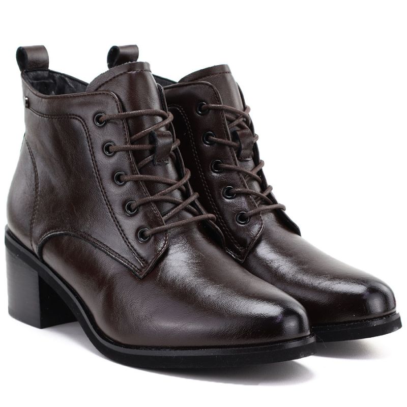 Women's leather ankle boots with laces, chocolate, Vinceza EN27-133107