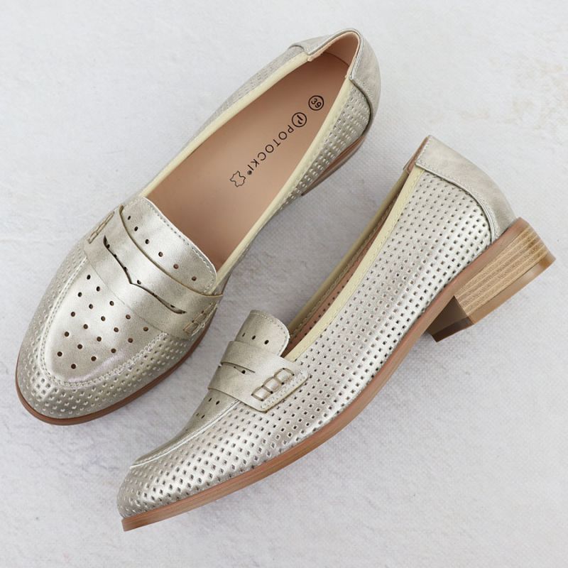 Women's openwork loafers, metallic gold, Potocki 12581 Footwear Your Sports Performance
